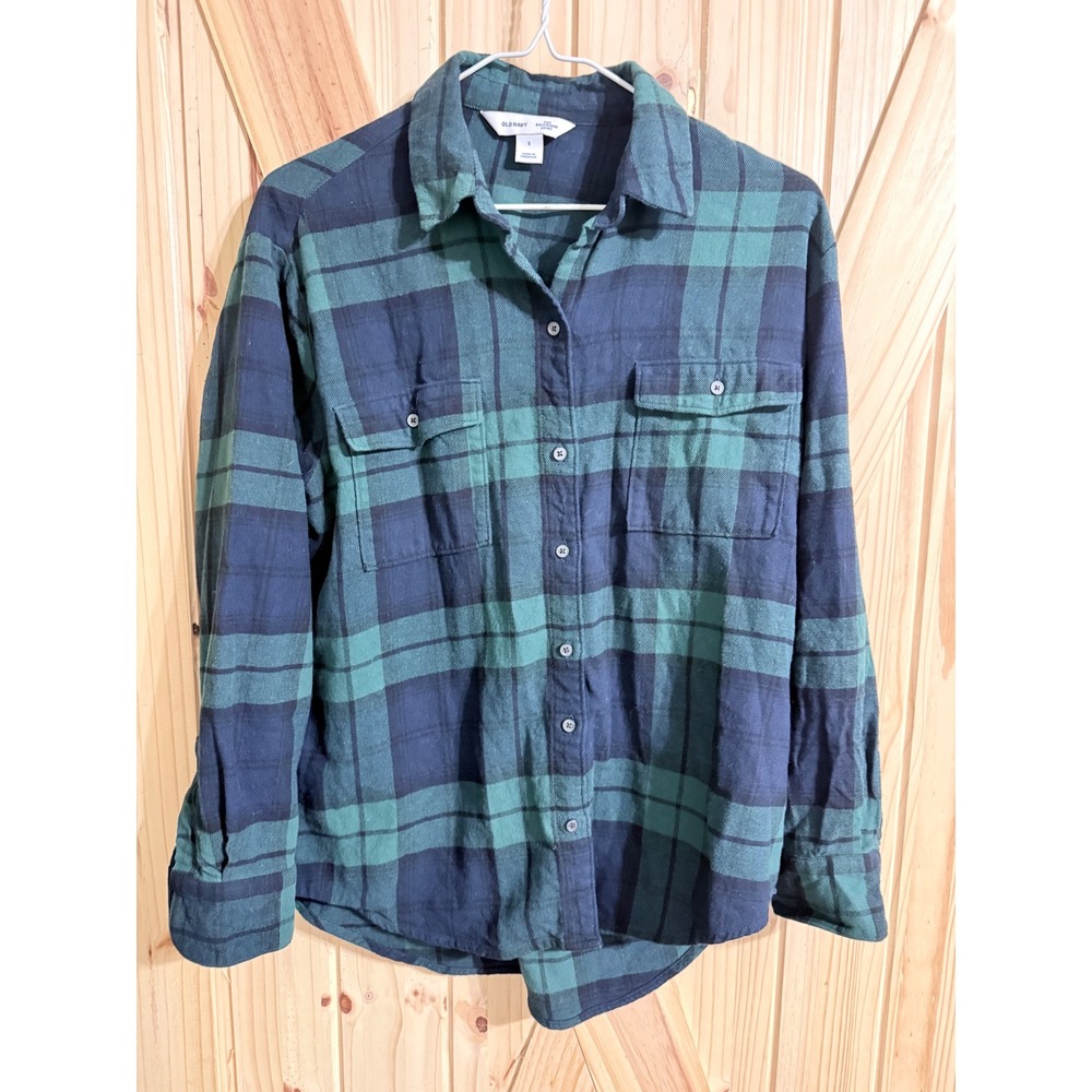 Old Navy Boyfriend Shirt Womens Small Green Navy Blue Plaid Flannel Cotton Top